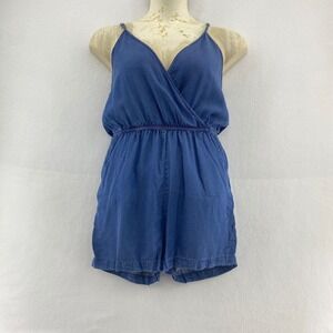 Ci Sono Denim Chambray Tank Romper‎ Surplice V-Neck Blue Size M Pockets